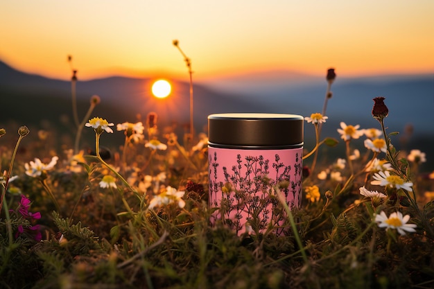 Una tazza thermos rosa con tè alle erbe si trova in un prato alpino tra le erbe al tramonto del giorno