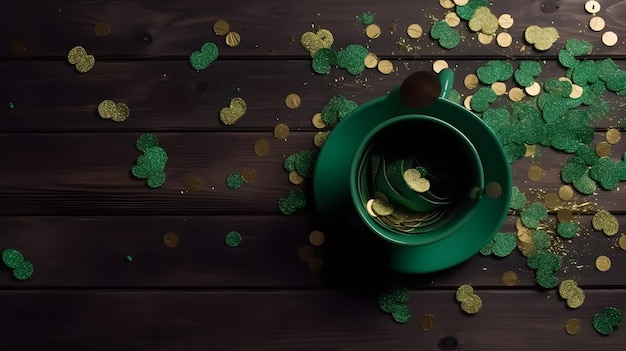 Una tazza verde con monete d'oro su un tavolo di legno