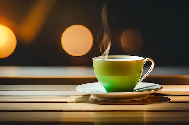 una tazza verde di caffè su un piatto con un piatto sullo sfondo