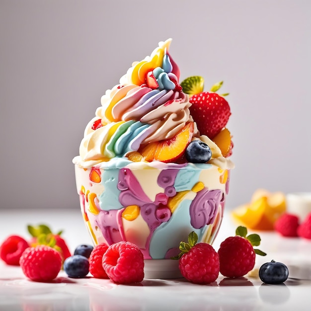 Una tazza vibrante di yogurt congelato traboccante con un arcobaleno di frutta fresca Ai Generato