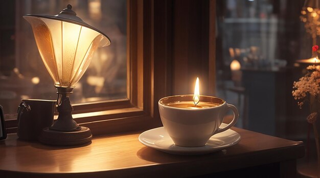 Una tazzina di caffè illuminata dalla luce soffusa di una lampada vicina