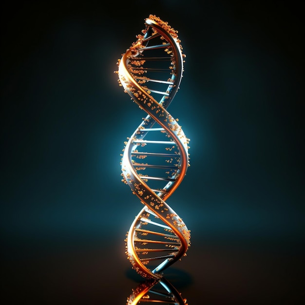 Una tecnologia 3D a doppia elica d'DNA dorata su uno sfondo nero e blu