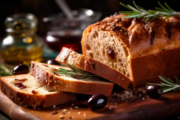 Una teglia di fette di pane con olive rosmarino e sale