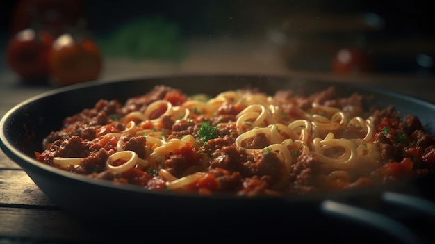 Una teglia di spaghetti al ragù e al sugo.