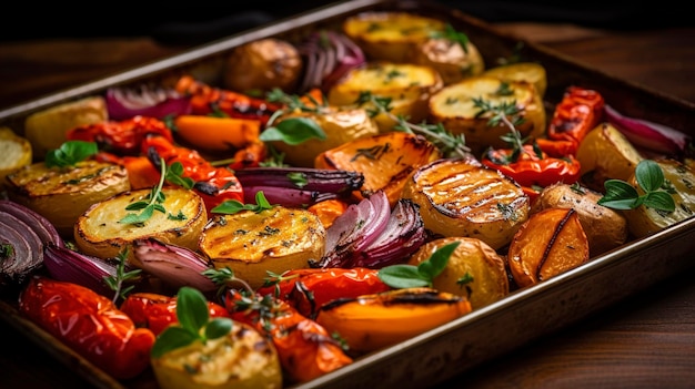 Una teglia piena di verdure arrostite condite con olio da cucina