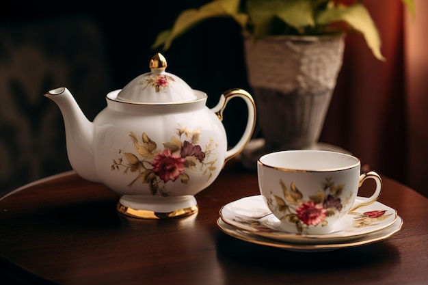 Una teiera di porcellana e una tazza di tè caldo