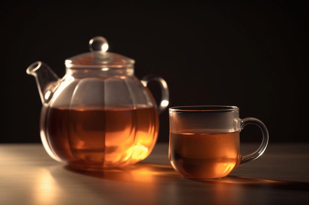 Una teiera di vetro e una tazza di tè siedono su un tavolo.