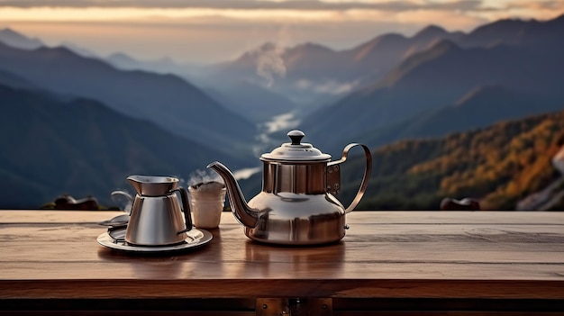 Una teiera e un caffè seduti su una terrazza di legno con vista sulla montagna