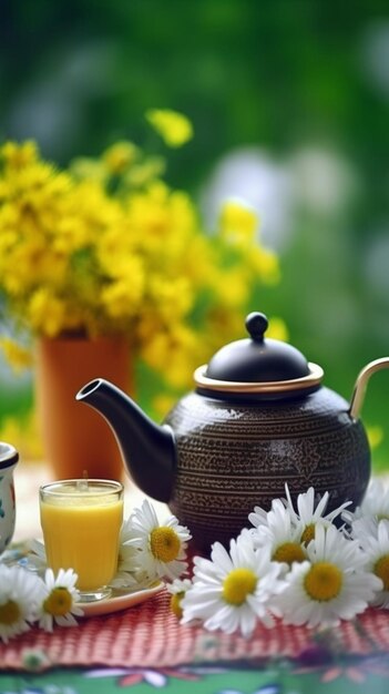 Una teiera e una tazza di succo d'arancia sono su un tavolo davanti a un vaso di fiori.