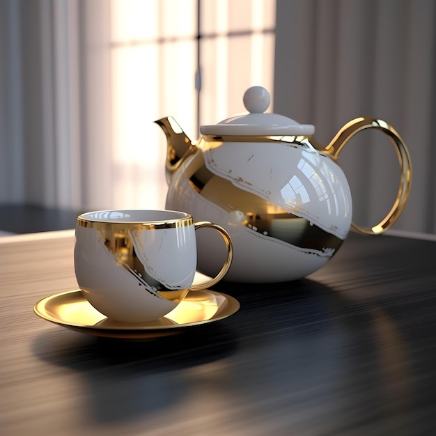 Una teiera e una tazza sono su un tavolo con un piattino e una tazza da tè sopra.