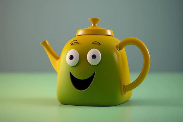 Una teiera verde con una faccia da cartone animato che dice "happy tea".