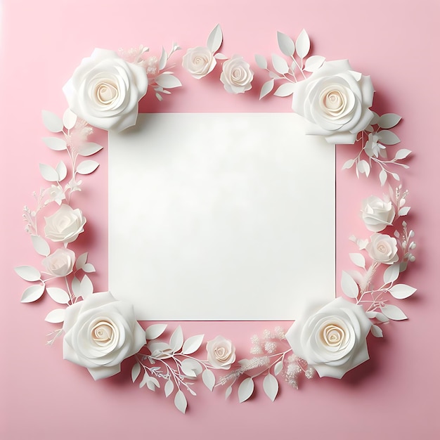 Una tela bianca adornata da rose bianche su uno sfondo rosa