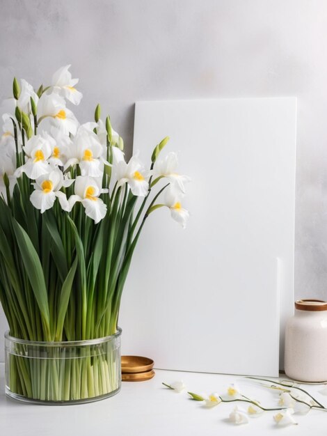 Una tela bianca con una palette bianca circondata da irisi bianchi in fiore