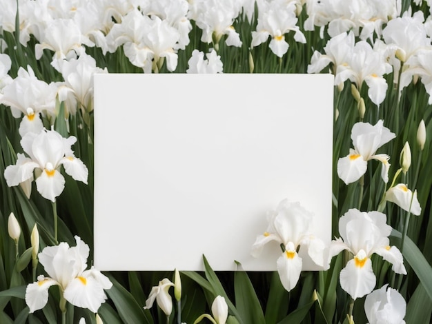 Una tela bianca con una palette bianca circondata da irisi bianchi in fiore