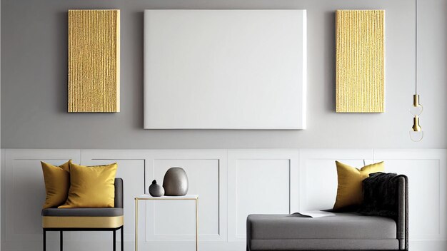 Una tela bianca è appesa sopra una sedia in un soggiorno Soggiorno moderno e contemporaneo