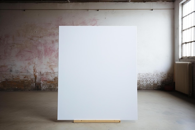 Una tela bianca su un supporto di legno in una stanza con un muro di mattoni alle spalle.