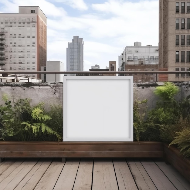 Una tela bianca su un tetto con piante e un paesaggio urbano sullo sfondo