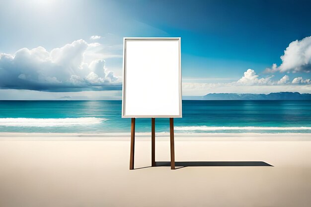 Una tela bianca su una spiaggia con un cielo blu e nuvole sullo sfondo.