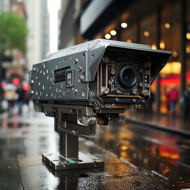 una telecamera che è su un marciapiede bagnato