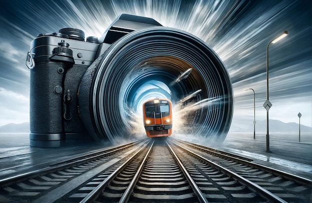 una telecamera gigante da cui emerge un treno
