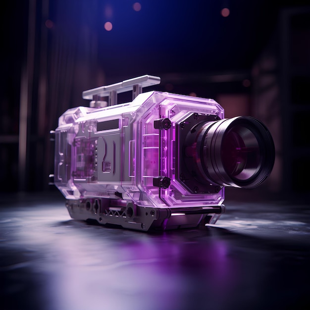 una telecamera nitida con luci viola su una superficie scura nello stile della fantascienza iperrealista