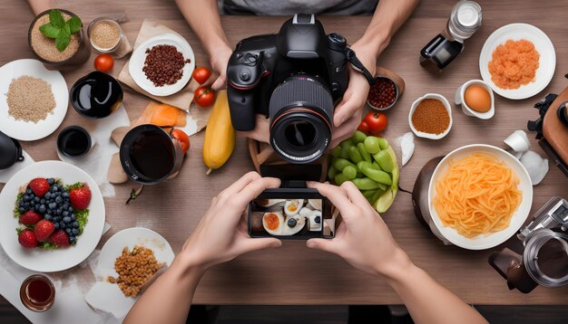 una telecamera viene utilizzata per scattare una foto del cibo su un tavolo