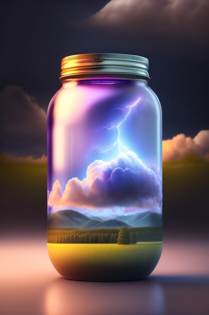 Una tempesta di fulmini e un paesaggio con montagne all'interno di un barattolo di vetro Generative AI_3