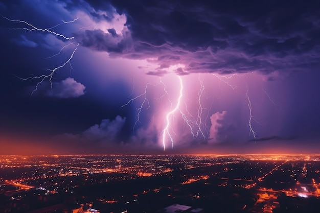 una tempesta di fulmini è vista sopra una città