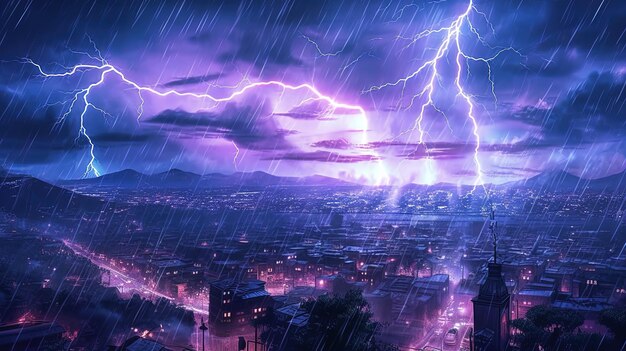 Una tempesta di fulmini in una città di notte Concetto Fantasy Illustrazione pittura Generativa Ai