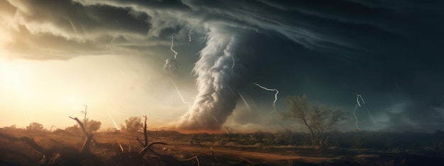 Una tempesta drammatica con fulmini su un campo che mostra la furia generativa dell'IA della natura