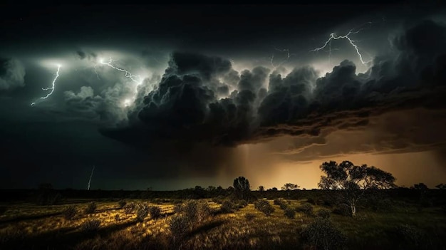 Una tempesta su un campo con alberi e un campo con un fulmine