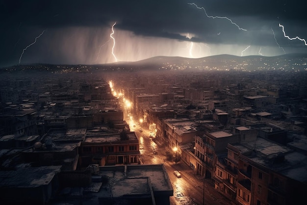 Una tempesta su una città con un fulmine sul lato sinistro.