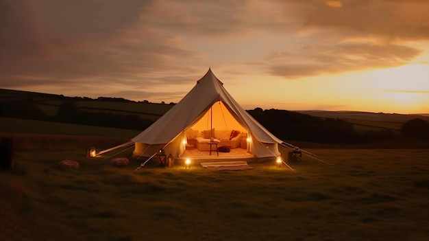 Una tenda a campana in un campo al tramonto