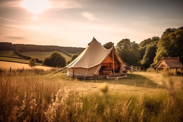 Una tenda a campana in un campo al tramonto