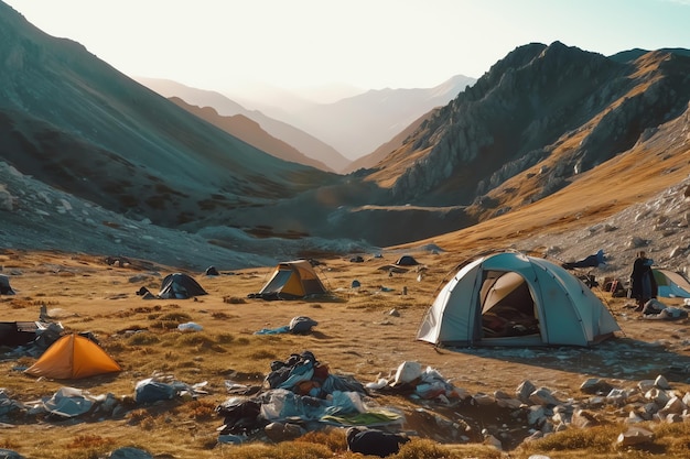 Una tenda bianca è allestita in una valle di montagna.