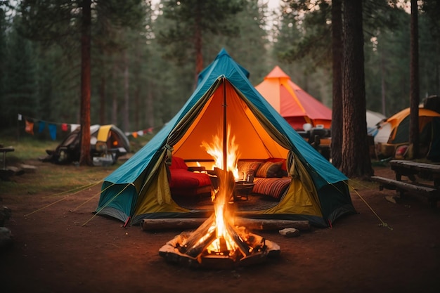 Una tenda colorata immersa in un campeggio sereno con un caldo fuoco scoppiettante e il profumo di pino nell'aria
