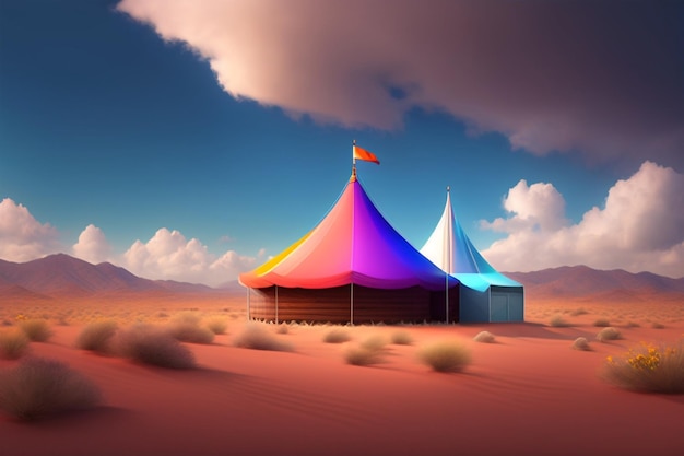 Una tenda colorata nel deserto con un cielo blu e nuvole.