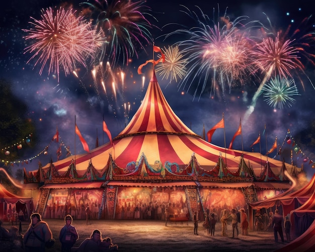 Una tenda con fuochi d'artificio in un circo Generative AI