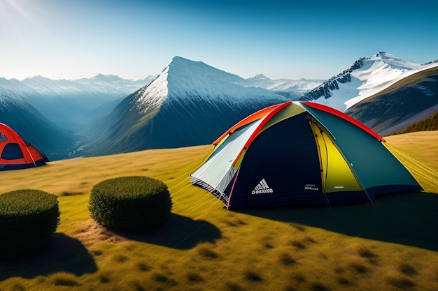 Una tenda con il logo adidas in montagna