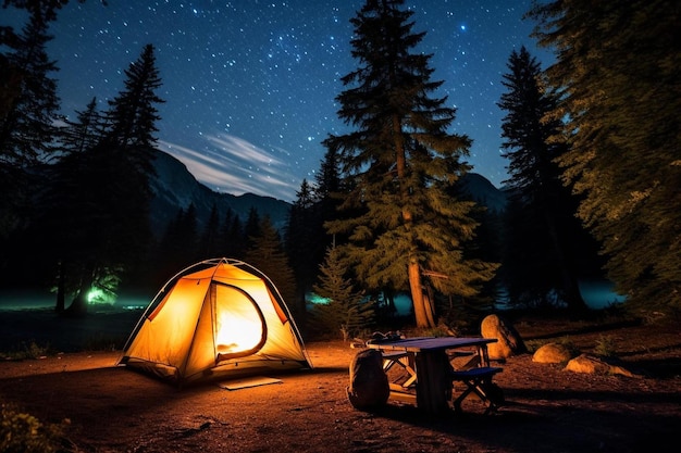 una tenda con un cielo stellato e un fuoco di campo sullo sfondo.