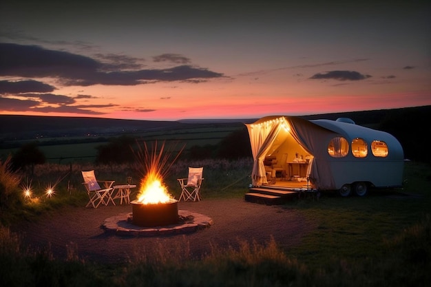 Una tenda con un focolare al tramonto