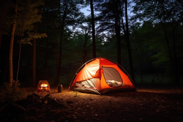 Una tenda con una lanterna luminosa sotto