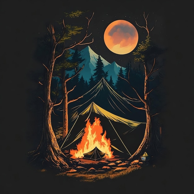 una tenda con una luna e alberi su di essa