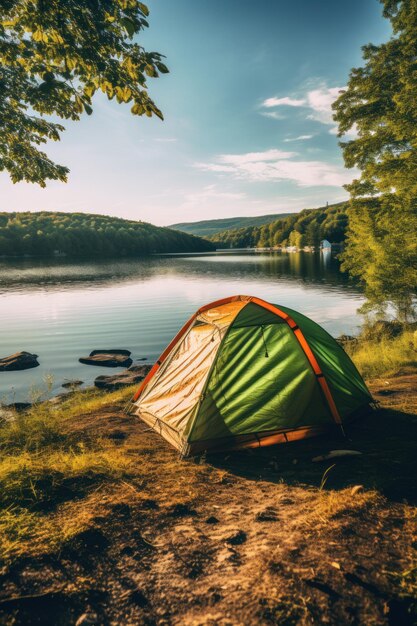 Una tenda da campeggio in un luogo escursionistico naturale Rilassarsi durante un'escursione in montagna vicino al fiume lago