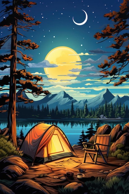 Una tenda da campeggio in un luogo escursionistico naturale Rilassarsi durante un'escursione in montagna vicino al fiume lago