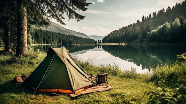 Una tenda da campeggio in un punto di escursione in natura Rilassarsi in montagna accanto al fiume lago