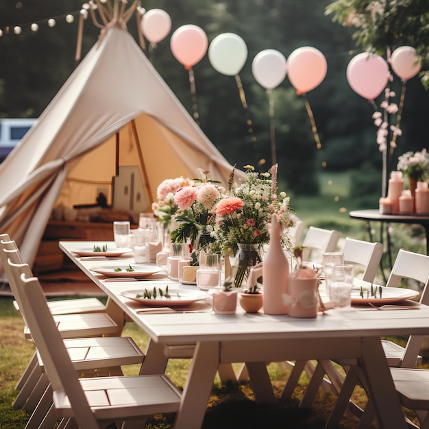 Una tenda di teepee è allestita con tovaglie e fiori