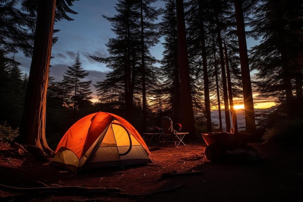 Una tenda è allestita in una foresta con un tramonto sullo sfondo.