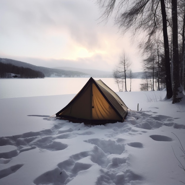 Una tenda è allestita nella neve vicino a un lago.