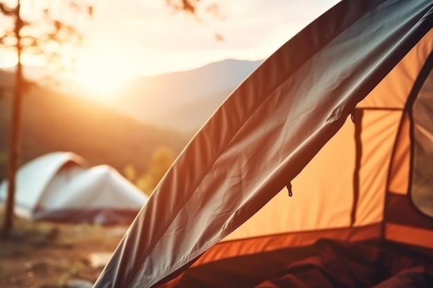 Una tenda è montata davanti a una catena montuosa.